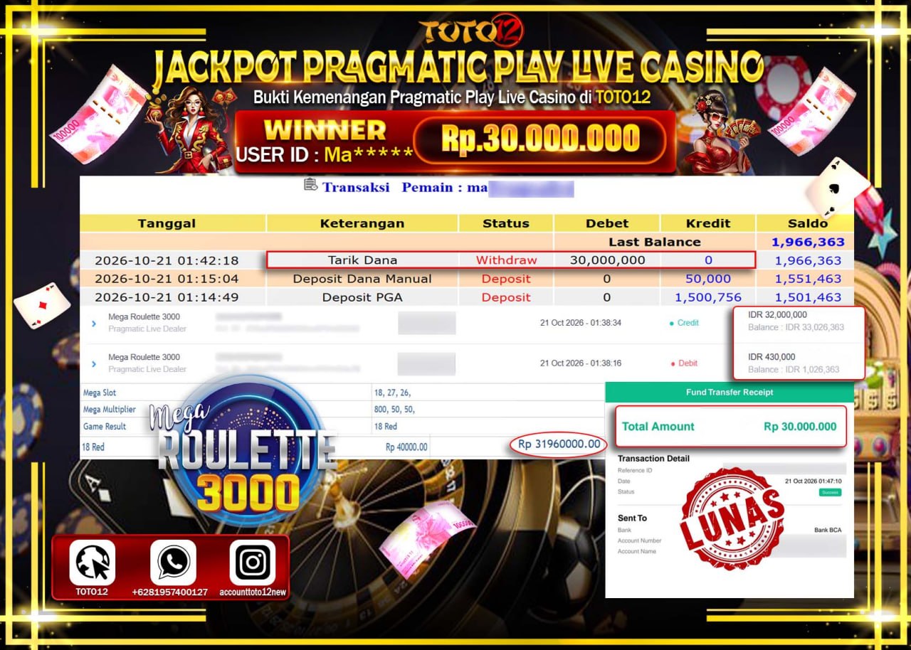 HANYA DI TOTO12 JP PASTI DI BAYAR LUNAS DAN CEPAT!!!!!! JACKPOT PRAGMATIC PLAY LIVE CASINO(MEGA ROULETTE 3000) Rp30.000.000!!!!