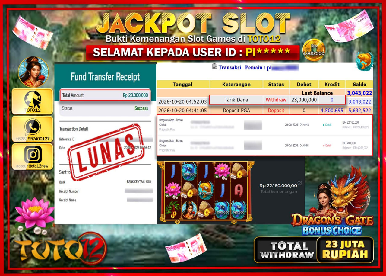 HANYA DI TOTO12 JP PASTI DI BAYAR LUNAS DAN CEPAT!!!!!! JACKPOT SLOT GAME(DRAGONS GATE BONUS CHOICE) Rp23.000.000!!!!