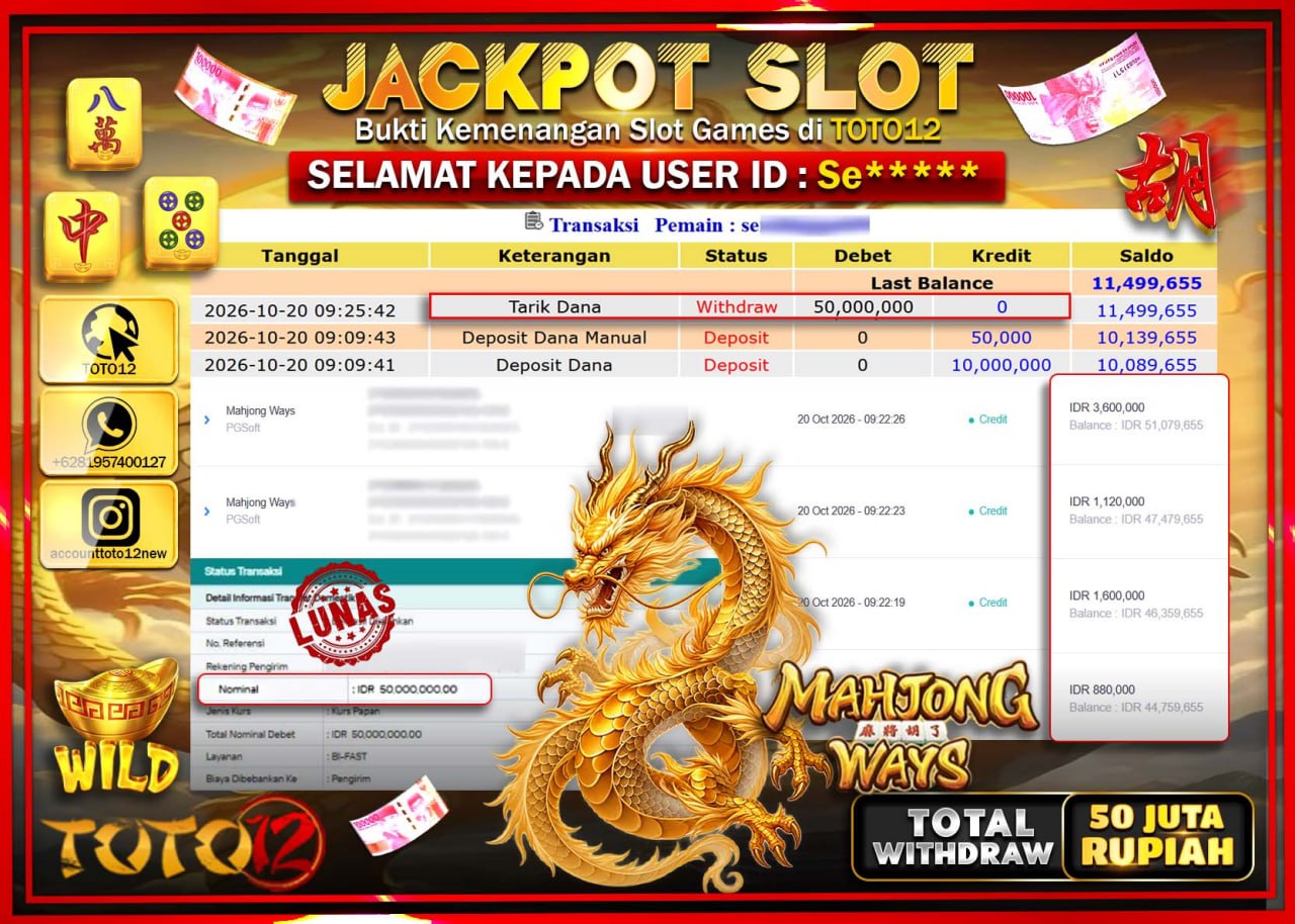 HANYA DI TOTO12 JP PASTI DI BAYAR LUNAS DAN CEPAT!!!!!! JACKPOT SLOT GAME(MAHJONG WAYS) Rp50.000.000!!!!