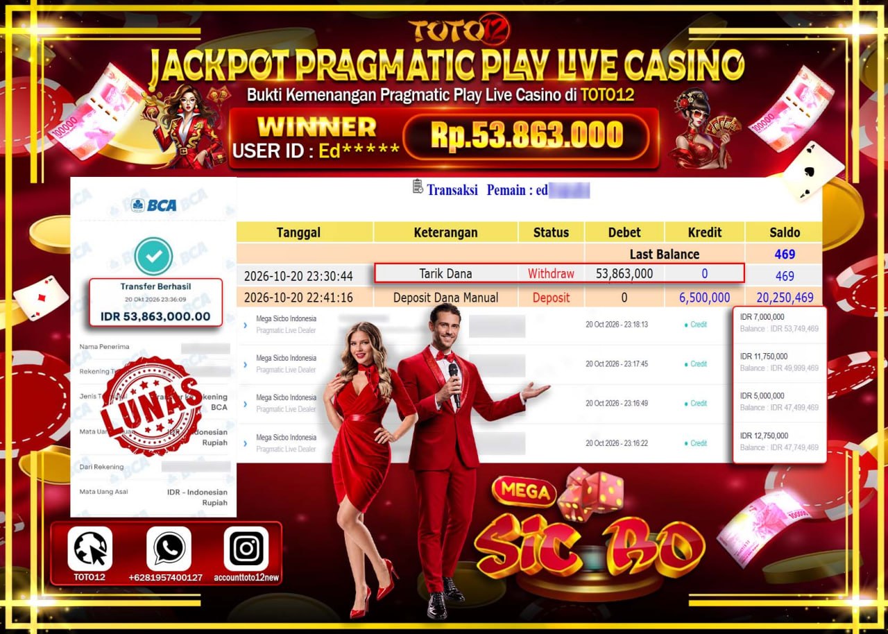 HANYA DI TOTO12 JP PASTI DI BAYAR LUNAS DAN CEPAT!!!!!! JACKPOT PRAGMATIC PLAY LIVE CASINO(MEGA SICBO INDONESIA) Rp53.863.000!!!!