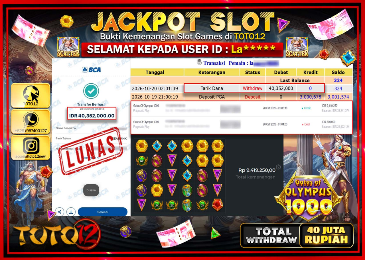 HANYA DI TOTO12 JP PASTI DI BAYAR LUNAS DAN CEPAT!!!!!! JACKPOT SLOT GAME(GATES OF OLYMPUS 1000) Rp40.352.000!!!!