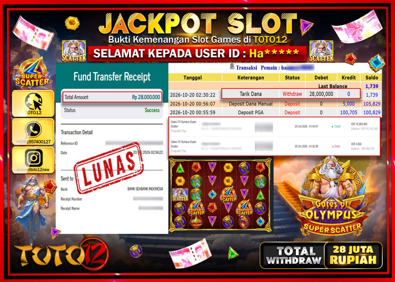 HANYA DI TOTO12 JP PASTI DI BAYAR LUNAS DAN CEPAT!!!!!! JACKPOT SLOT GAME(GATES OF OLYMPUS SUPER SCATTER) Rp28.000.000!!!!
