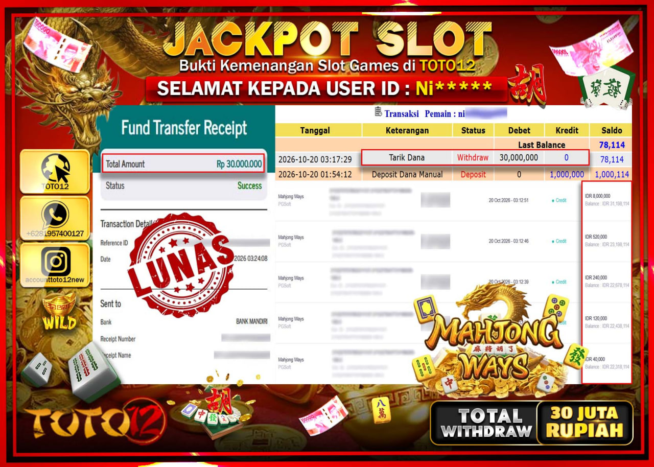 HANYA DI TOTO12 JP PASTI DI BAYAR LUNAS DAN CEPAT!!!!!! JACKPOT SLOT GAME(MAHJONG WAYS) Rp30.000.000!!!!