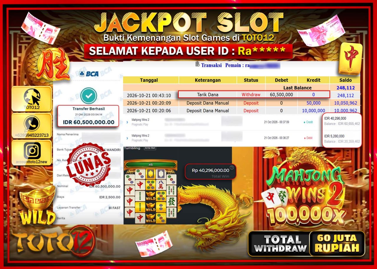 HANYA DI TOTO12 JP PASTI DI BAYAR LUNAS DAN CEPAT!!!!!! JACKPOT SLOT GAME(MAHJONG WINS 2) Rp60.500.000!!!!