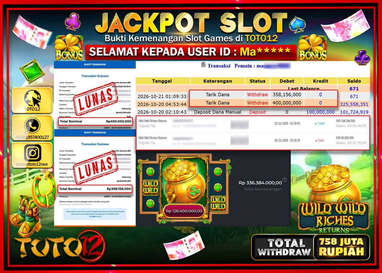 HANYA DI TOTO12 JP PASTI DI BAYAR LUNAS DAN CEPAT!!!!!! JACKPOT SLOT GAME(WILD WILD RICHEN RETURNS) Rp758.156.000!!!!