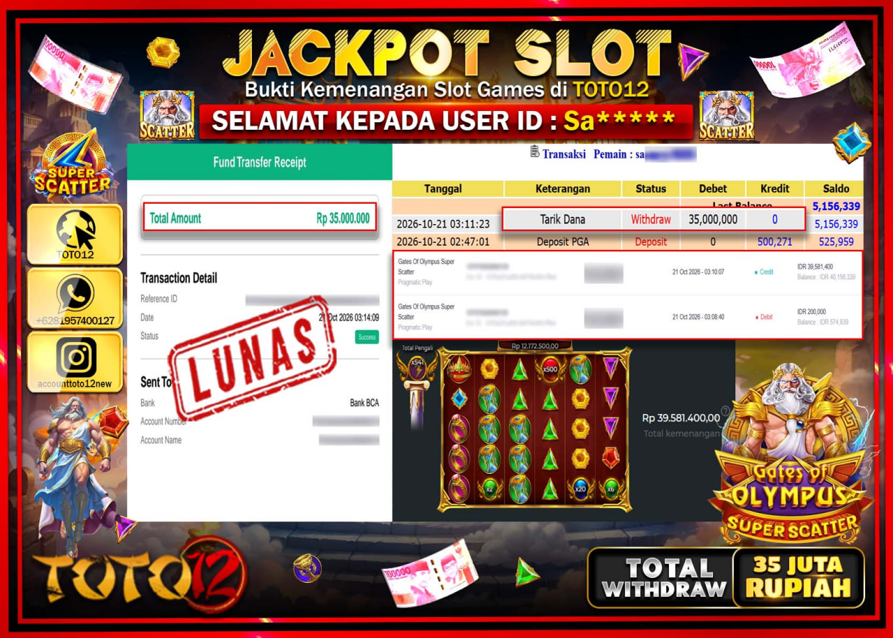 HANYA DI TOTO12 JP PASTI DI BAYAR LUNAS DAN CEPAT!!!!!! JACKPOT SLOT GAME(GATES OF OLYMPUS SUPER SCATTER) Rp35.000.000!!!!