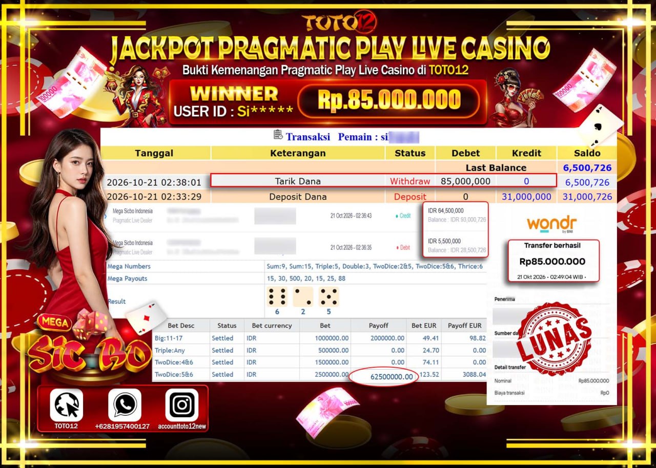 HANYA DI TOTO12 JP PASTI DI BAYAR LUNAS DAN CEPAT!!!!!! JACKPOT PRAGMATIC PLAY LIVE CASINO(MEGA SICBO INDONESIA) Rp85.000.000!!!!