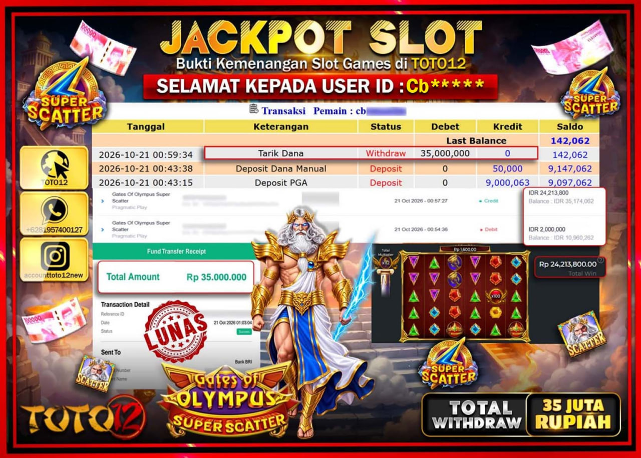 HANYA DI TOTO12 JP PASTI DI BAYAR LUNAS DAN CEPAT!!!!!! JACKPOT SLOT GAME(GATES OF OLYMPUS SUPER SCATTER) Rp35.000.000!!!!