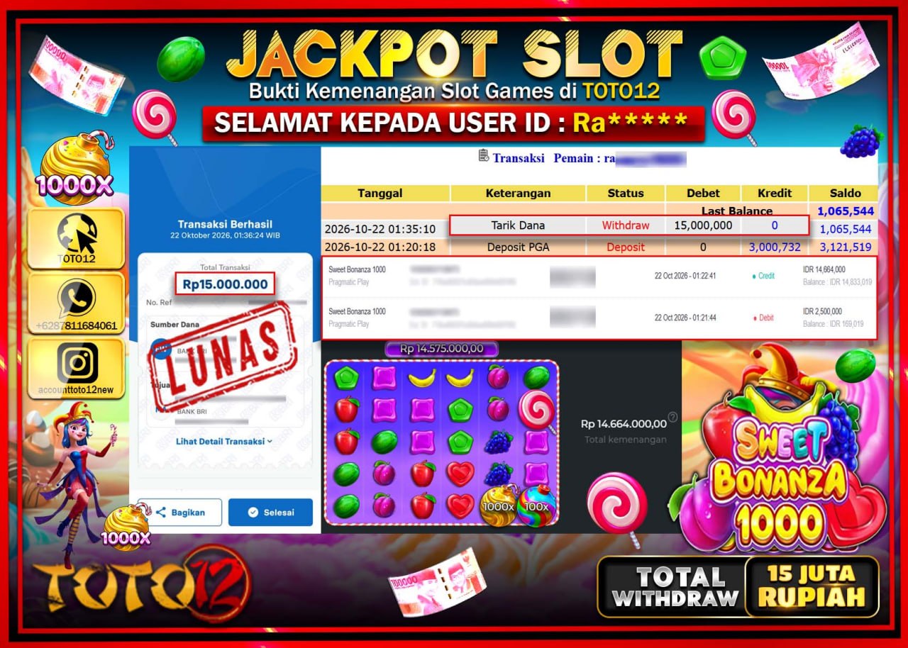 HANYA DI TOTO12 JP PASTI DI BAYAR LUNAS DAN CEPAT!!!!!! JACKPOT SLOT GAME(SWEET BONANZA 1000) Rp15.000.000!!!!