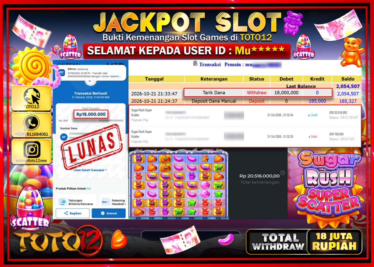 HANYA DI TOTO12 JP PASTI DI BAYAR LUNAS DAN CEPAT!!!!!! JACKPOT SLOT GAME(SUGAR RUSH SUPER SCATTER) Rp18.000.000!!!!