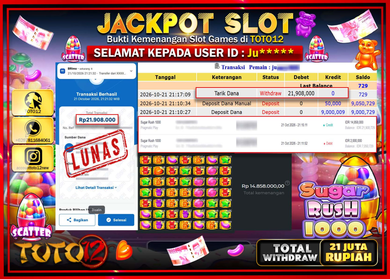 HANYA DI TOTO12 JP PASTI DI BAYAR LUNAS DAN CEPAT!!!!!! JACKPOT SLOT GAME(SUGAR RUSH 1000) Rp21.908.000!!!!