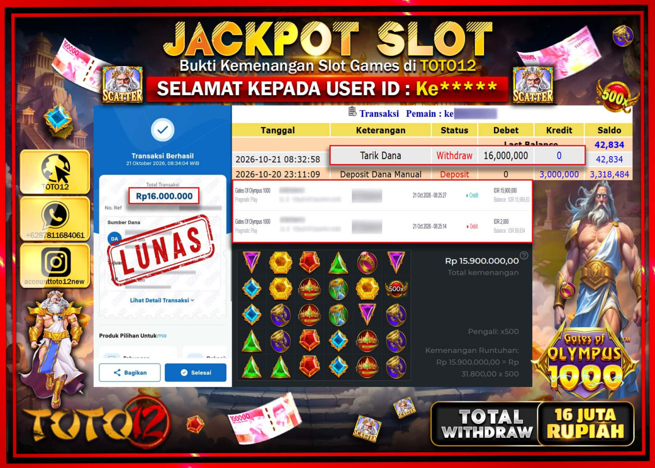HANYA DI TOTO12 JP PASTI DI BAYAR LUNAS DAN CEPAT!!!!!! JACKPOT SLOT GAME(GATES OF OLYMPUS 1000) Rp16.000.000!!!!