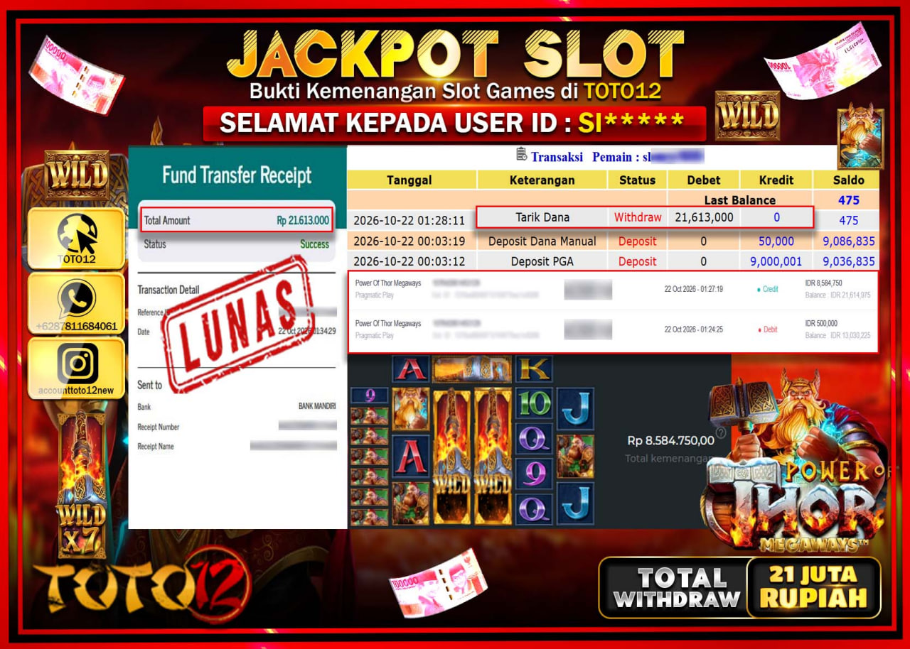 HANYA DI TOTO12 JP PASTI DI BAYAR LUNAS DAN CEPAT!!!!!! JACKPOT SLOT GAME(POWER OF THOR MEGAWAYS) Rp21.613.000!!!!