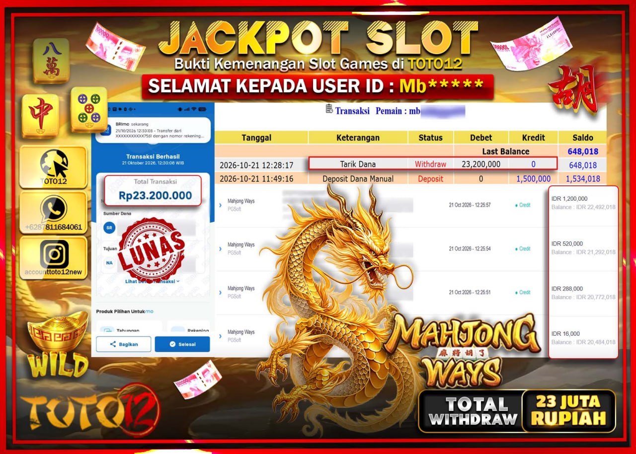 HANYA DI TOTO12 JP PASTI DI BAYAR LUNAS DAN CEPAT!!!!!! JACKPOT SLOT GAME(MAHJONG WAYS) Rp23.200.000!!!!