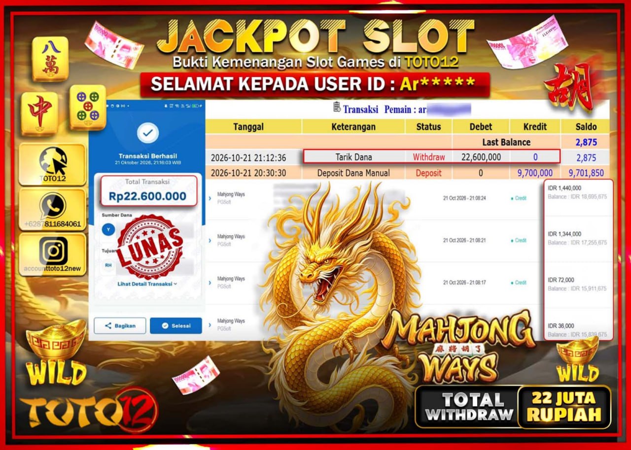 HANYA DI TOTO12 JP PASTI DI BAYAR LUNAS DAN CEPAT!!!!!! JACKPOT SLOT GAME(MAHJONG WAYS) Rp22.600.000!!!!