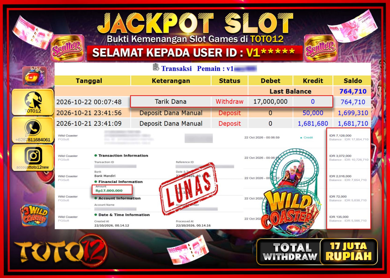 HANYA DI TOTO12 JP PASTI DI BAYAR LUNAS DAN CEPAT!!!!!! JACKPOT SLOT GAME(WILD COASTER) Rp17.000.000!!!!