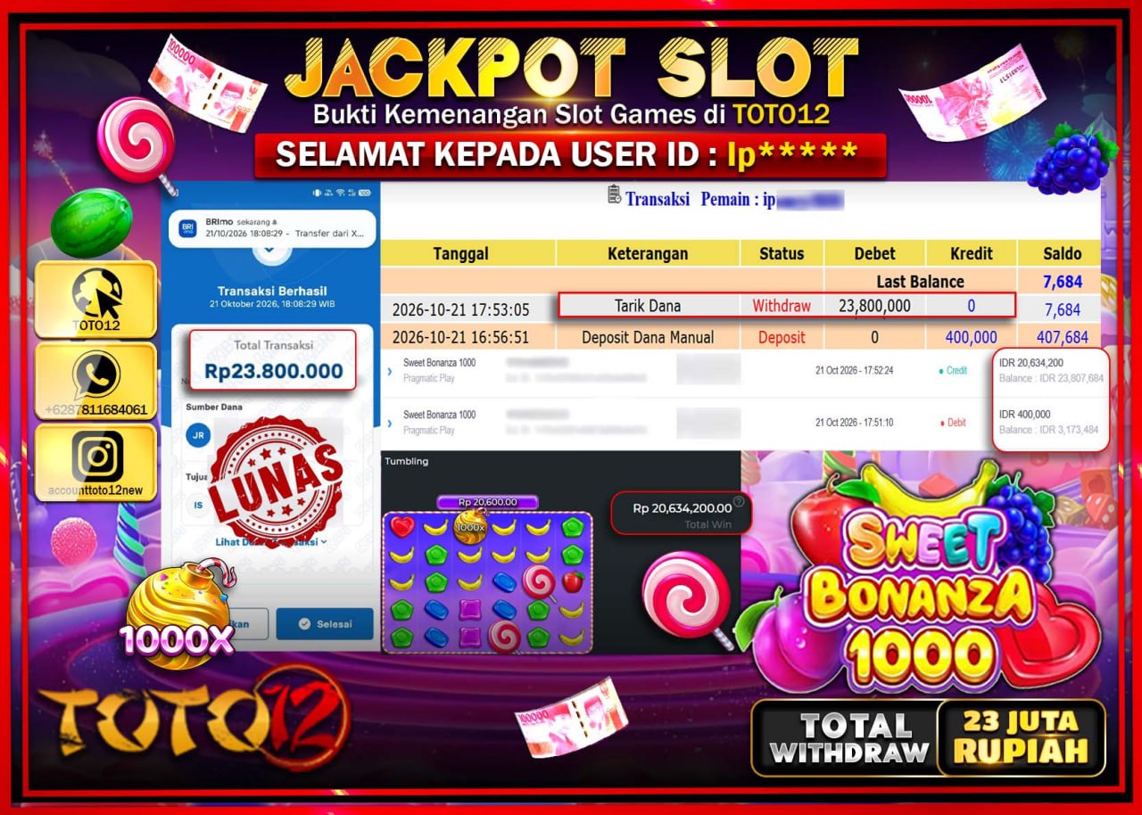 HANYA DI TOTO12 JP PASTI DI BAYAR LUNAS DAN CEPAT!!!!!! JACKPOT SLOT GAME(SWEET BONANZA 1000) Rp23.800.000!!!!