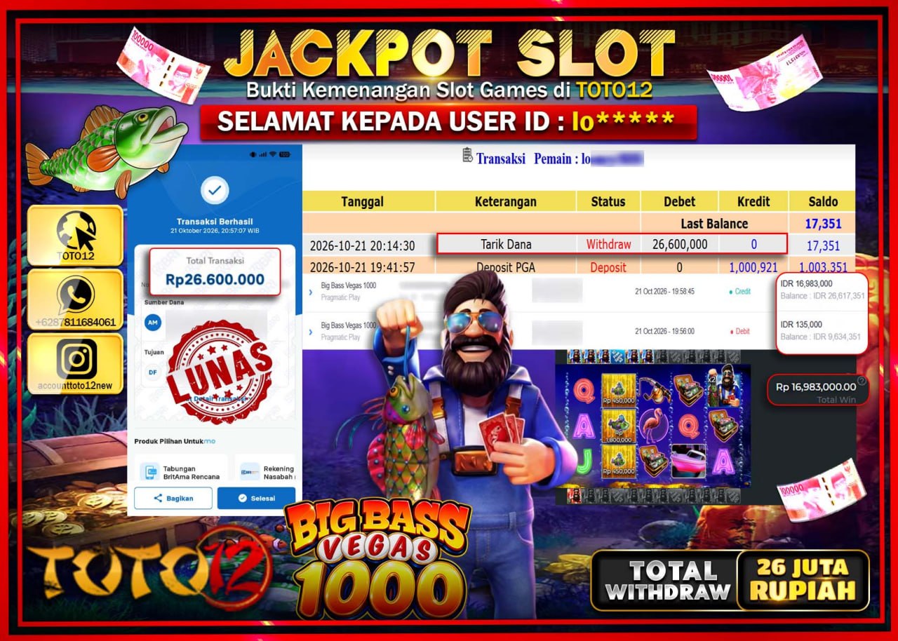 HANYA DI TOTO12 JP PASTI DI BAYAR LUNAS DAN CEPAT!!!!!! JACKPOT SLOT GAME(BIG BASS BEGAS 1000) Rp26.600.000!!!!
