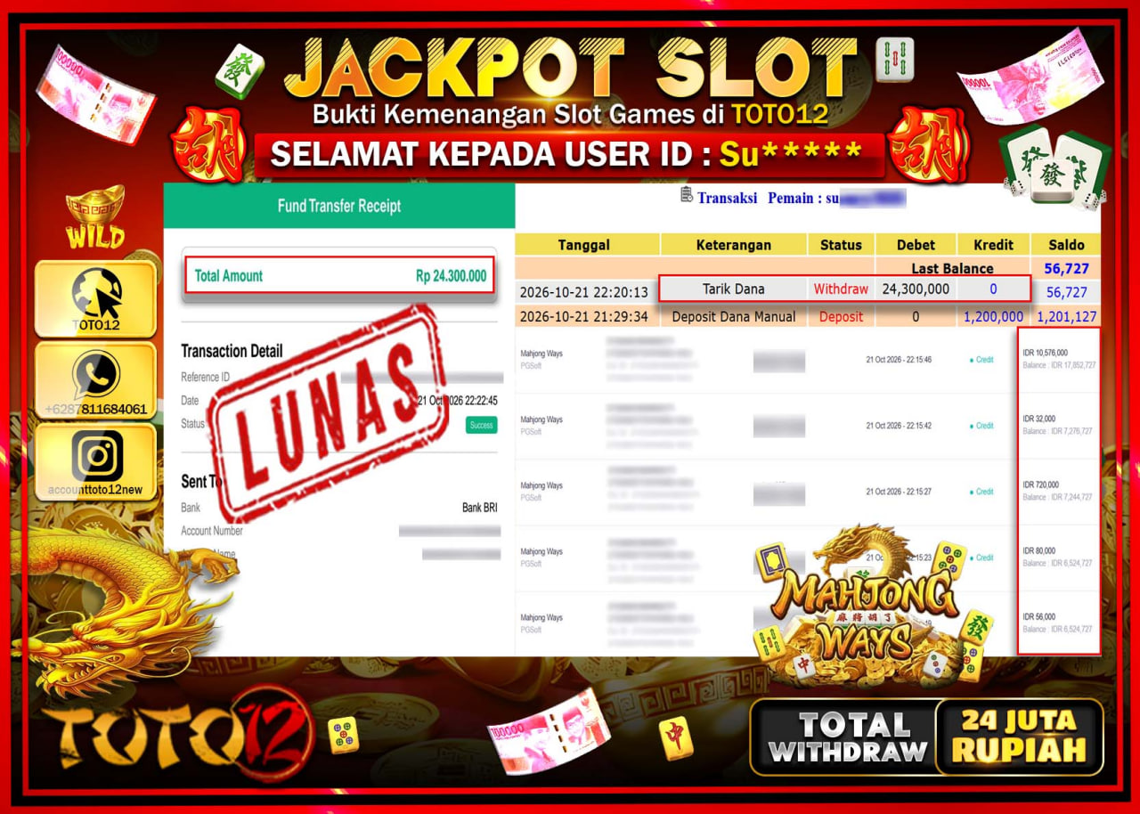 HANYA DI TOTO12 JP PASTI DI BAYAR LUNAS DAN CEPAT!!!!!! JACKPOT SLOT GAME(MAHJONG WAYS) Rp24.300.000!!!!