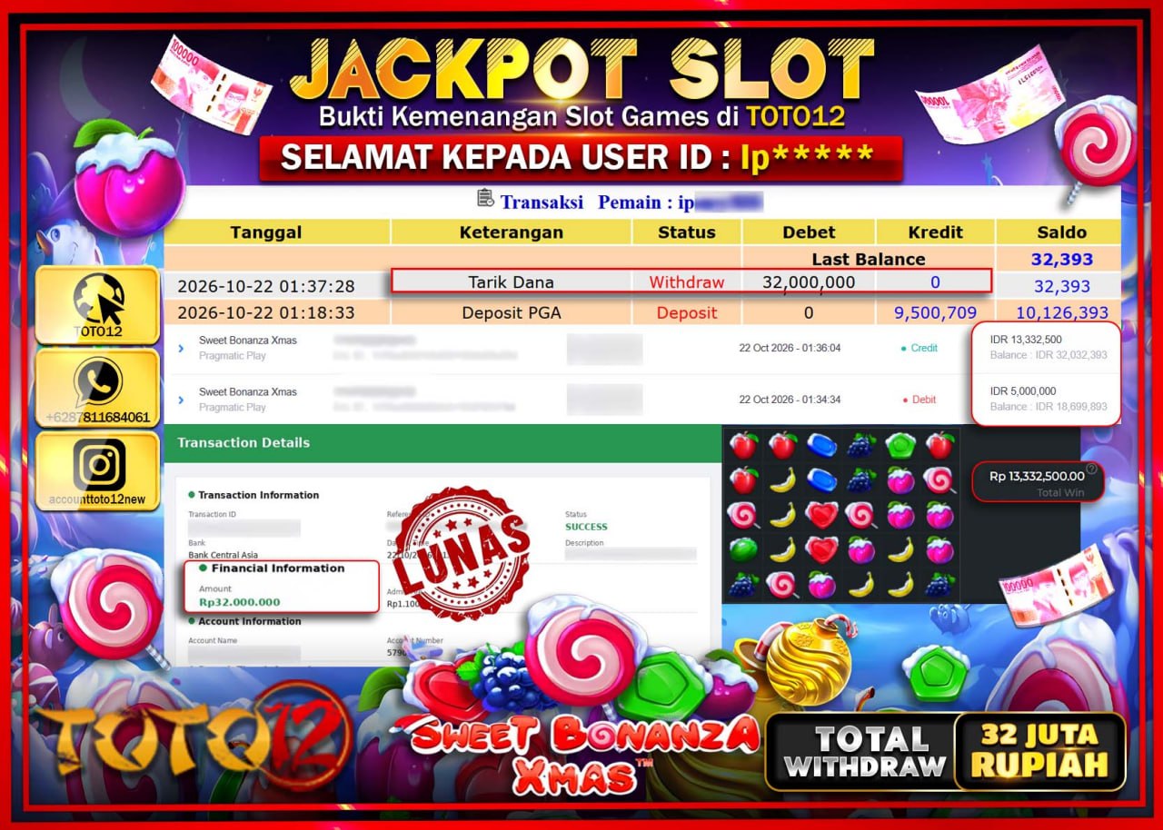 HANYA DI TOTO12 JP PASTI DI BAYAR LUNAS DAN CEPAT!!!!!! JACKPOT SLOT GAME(SWEET BONANZA X MAS) Rp32.000.000!!!!