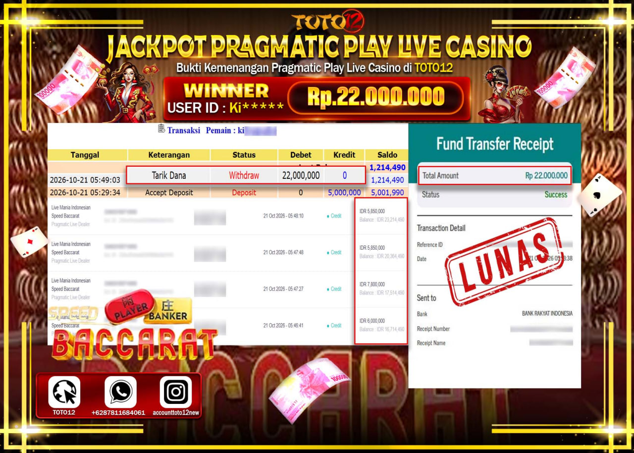 HANYA DI TOTO12 JP PASTI DI BAYAR LUNAS DAN CEPAT!!!!!! JACKPOT PRAGMATIC PLAY LIVE CASINO(INDONESIA SPEED BACCARAT) Rp22.000.000!!!!