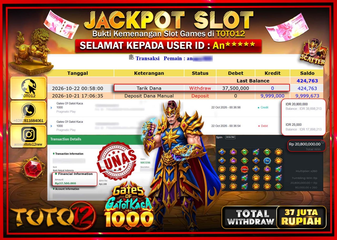HANYA DI TOTO12 JP PASTI DI BAYAR LUNAS DAN CEPAT!!!!!! JACKPOT SLOT GAME(GATES OF GATOT KACA 1000) Rp37.500.000!!!!
