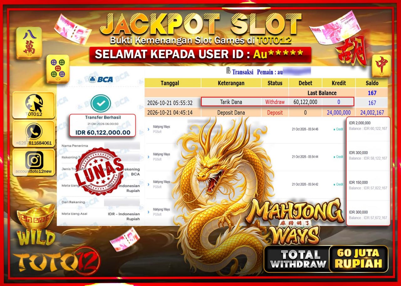 HANYA DI TOTO12 JP PASTI DI BAYAR LUNAS DAN CEPAT!!!!!! JACKPOT SLOT GAME(MAHJONG WAYS) Rp60.122.000!!!!