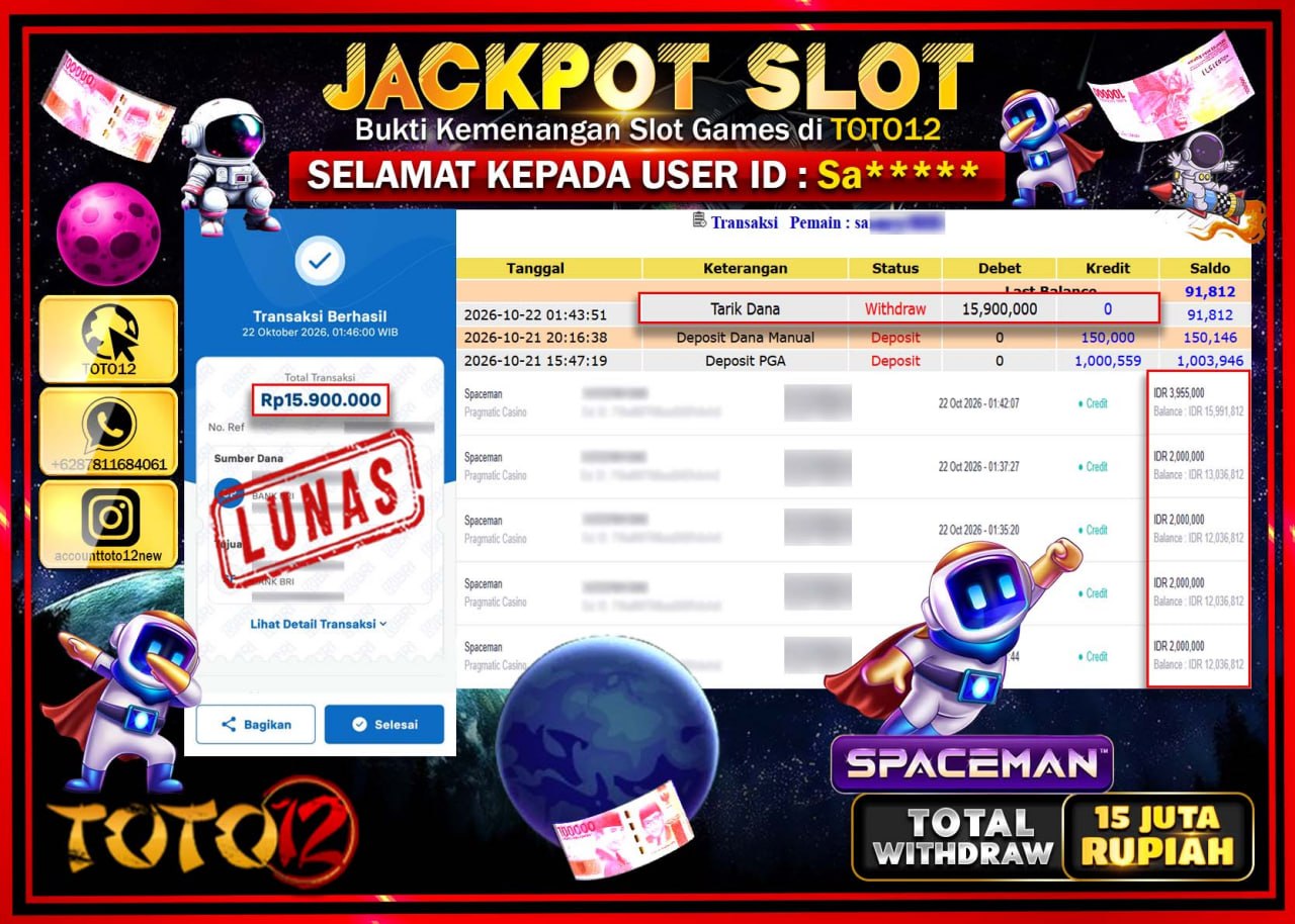 HANYA DI TOTO12 JP PASTI DI BAYAR LUNAS DAN CEPAT!!!!!! JACKPOT SLOT GAME(SPACEMAN) Rp15.800.000!!!!