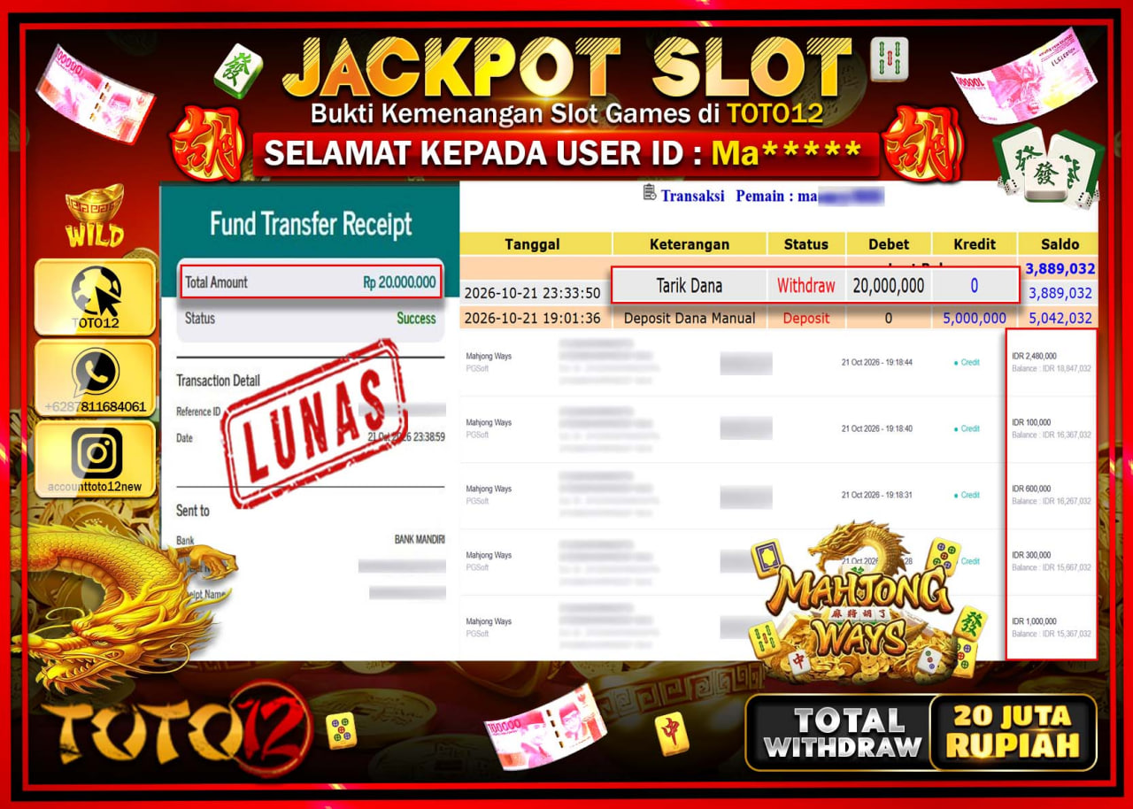 HANYA DI TOTO12 JP PASTI DI BAYAR LUNAS DAN CEPAT!!!!!! JACKPOT SLOT GAME(MAHJONG WAYS) Rp20.000.000!!!!