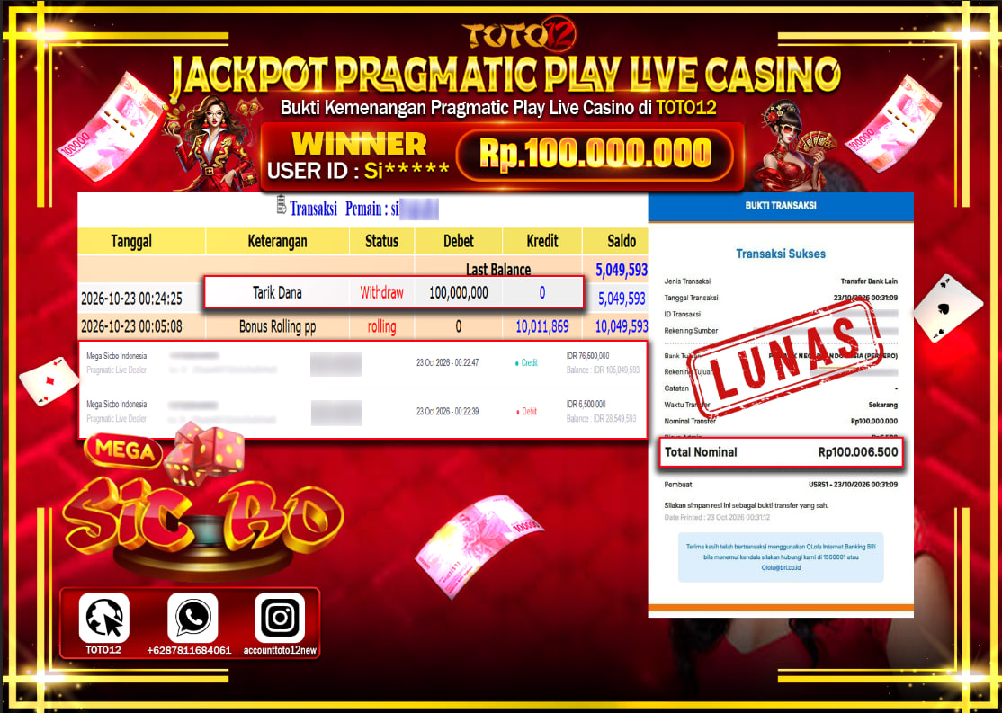 HANYA DI TOTO12 JP PASTI DI BAYAR LUNAS DAN CEPAT!!!!!! JACKPOT PRAGMATIC PLAY LIVE CASINO(MEGA SICBO INDONESIA) Rp100.000.000!!!!