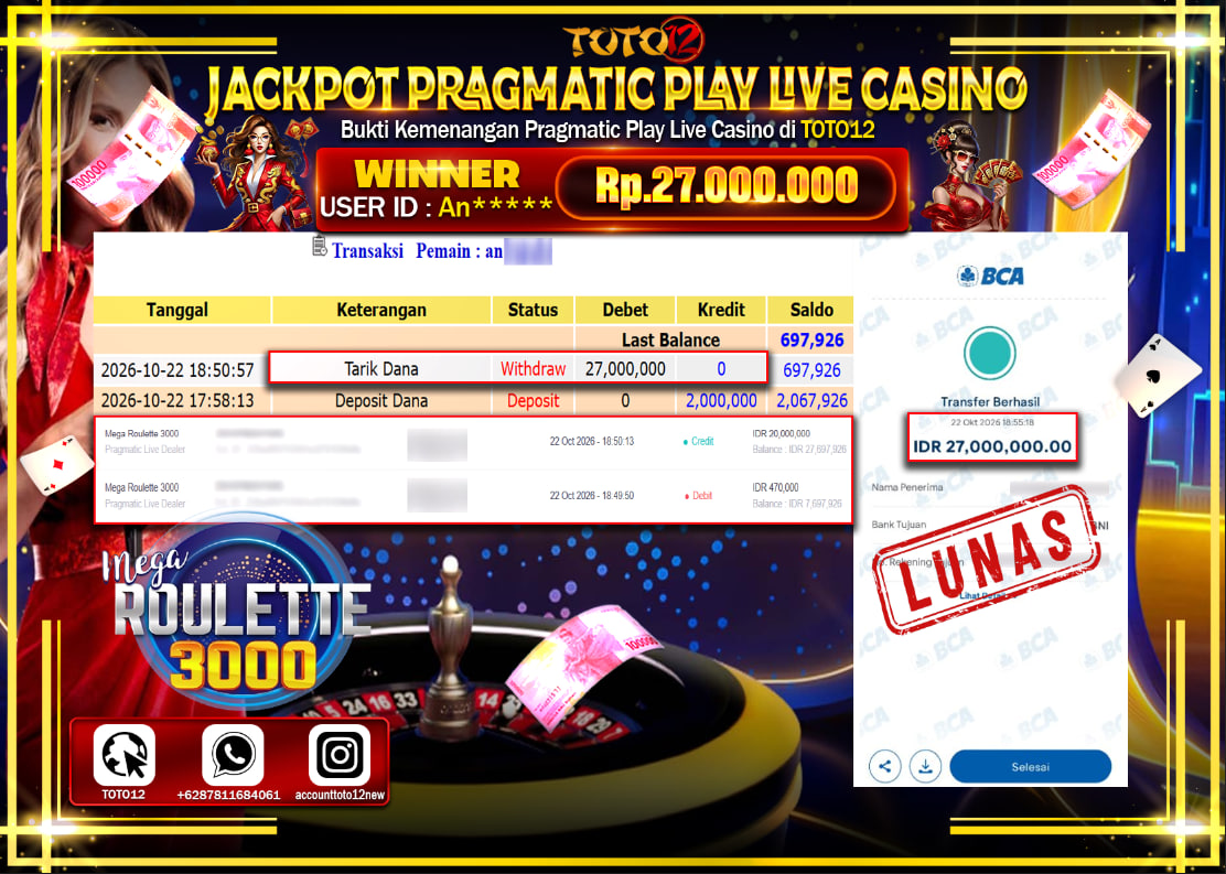 HANYA DI TOTO12 JP PASTI DI BAYAR LUNAS DAN CEPAT!!!!!! JACKPOT PRAGMATIC PLAY LIVE CASINO(MEGA ROULETTE 3000) Rp27.00.000!!!!