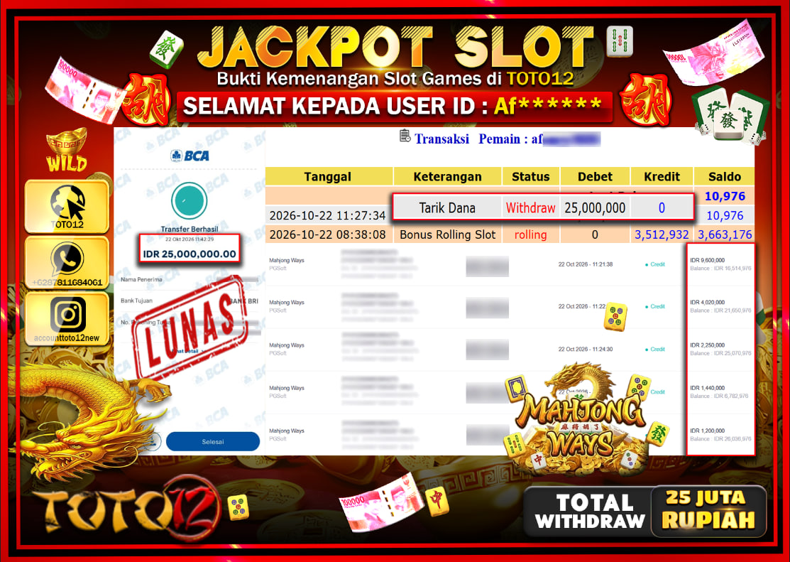 HANYA DI TOTO12 JP PASTI DI BAYAR LUNAS DAN CEPAT!!!!!! JACKPOT SLOT GAME(MAHJONG WAYS) Rp25.00.000!!!!