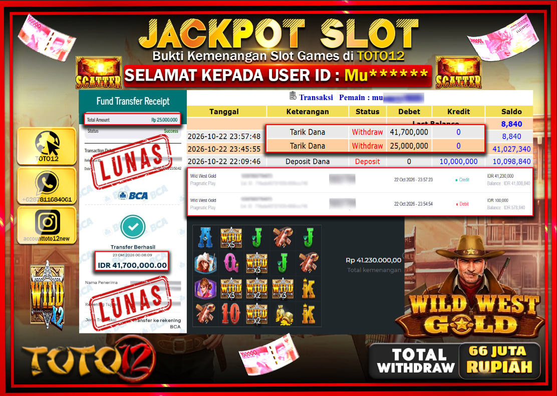 HANYA DI TOTO12 JP PASTI DI BAYAR LUNAS DAN CEPAT!!!!!! JACKPOT SLOT GAME(WILD WEST GOLD) Rp66.700.000!!!!