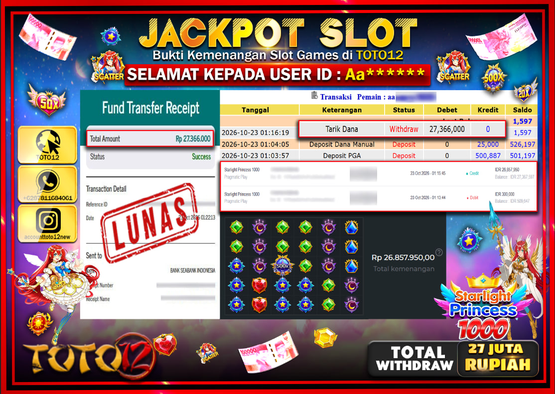 HANYA DI TOTO12 JP PASTI DI BAYAR LUNAS DAN CEPAT!!!!!! JACKPOT SLOT GAME(STARLIGHT PRINCESS 1000) Rp27.366.000!!!!