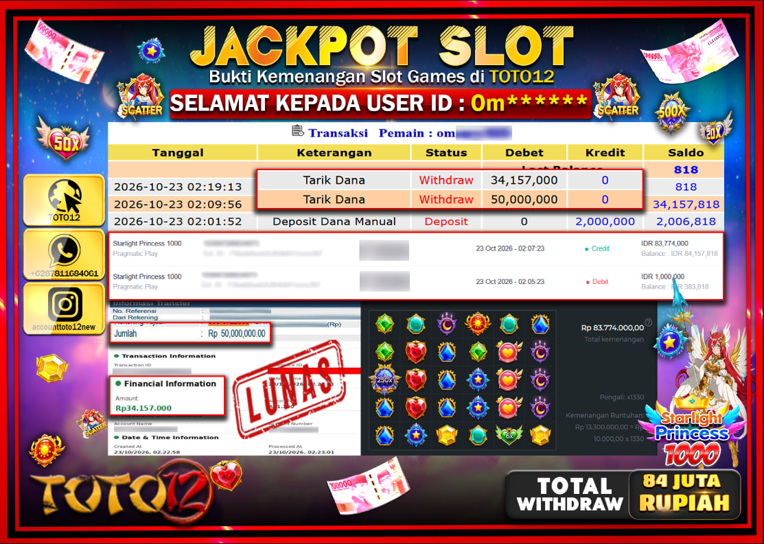 HANYA DI TOTO12 JP PASTI DI BAYAR LUNAS DAN CEPAT!!!!!! JACKPOT SLOT GAME(STARLIGHT PRINCESS 1000) Rp84.157.000!!!!