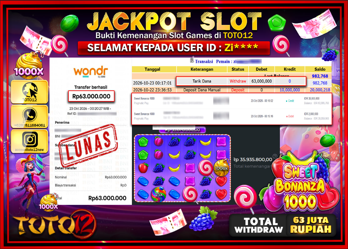 HANYA DI TOTO12 JP PASTI DI BAYAR LUNAS DAN CEPAT!!!!!! JACKPOT SLOT GAME(SWEET BONANZA 1000) Rp63.00.000!!!!
